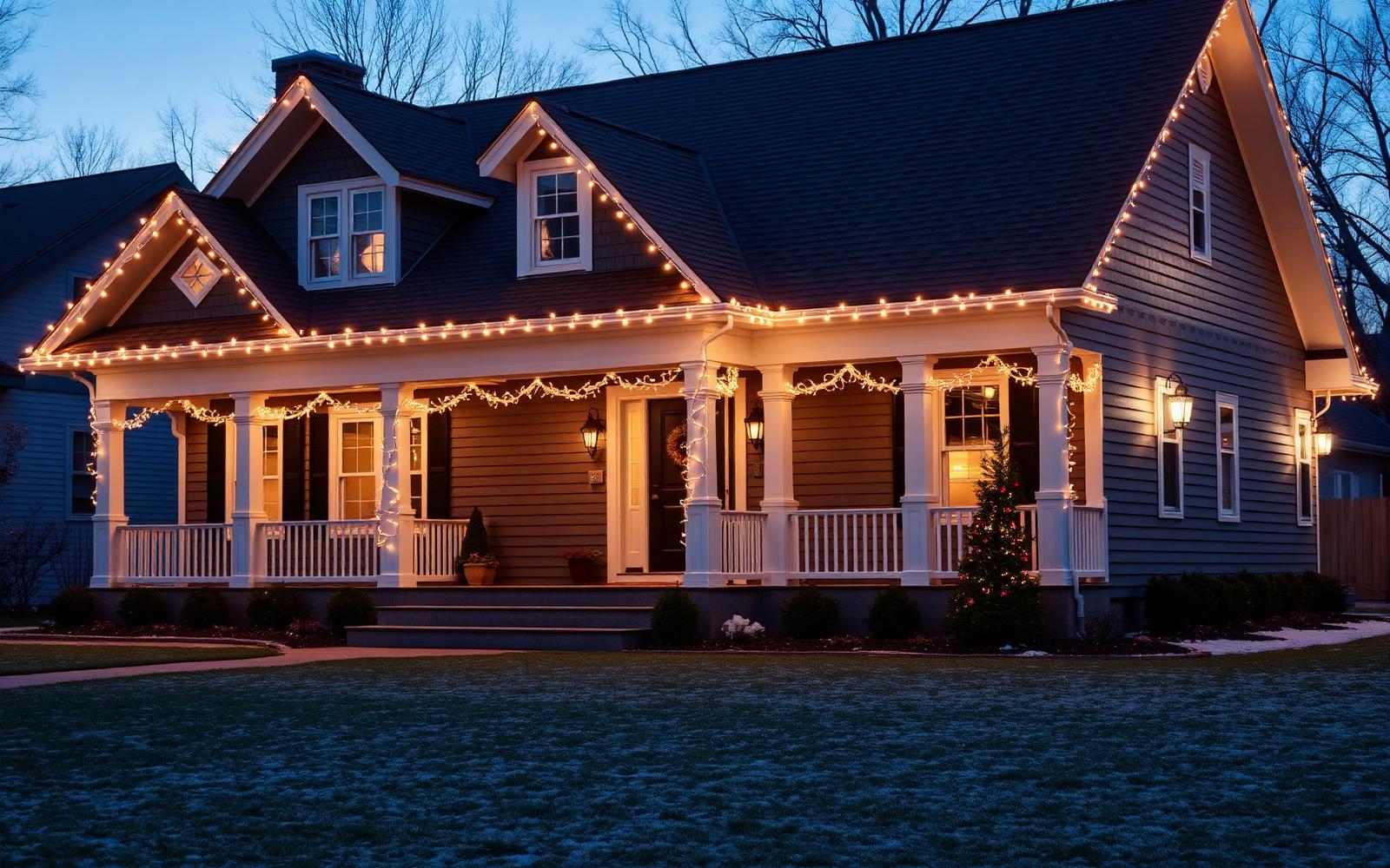 Craftsman home with warm white holiday lights installed by Done Right Repairs